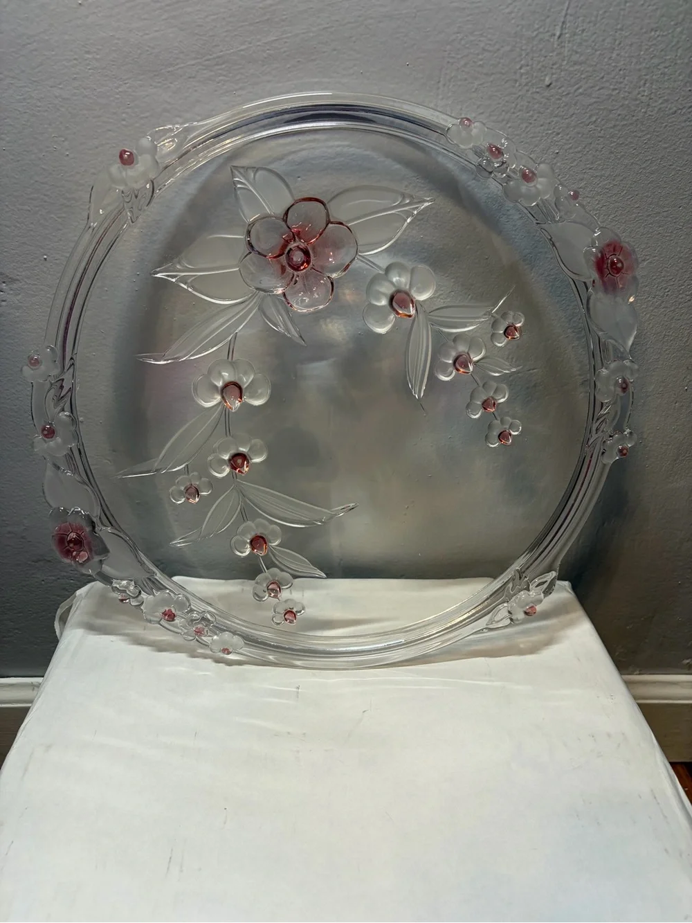 Vintage Mikasa Blossom Time Crystal Cake Platter Pink Floral 12.5”
